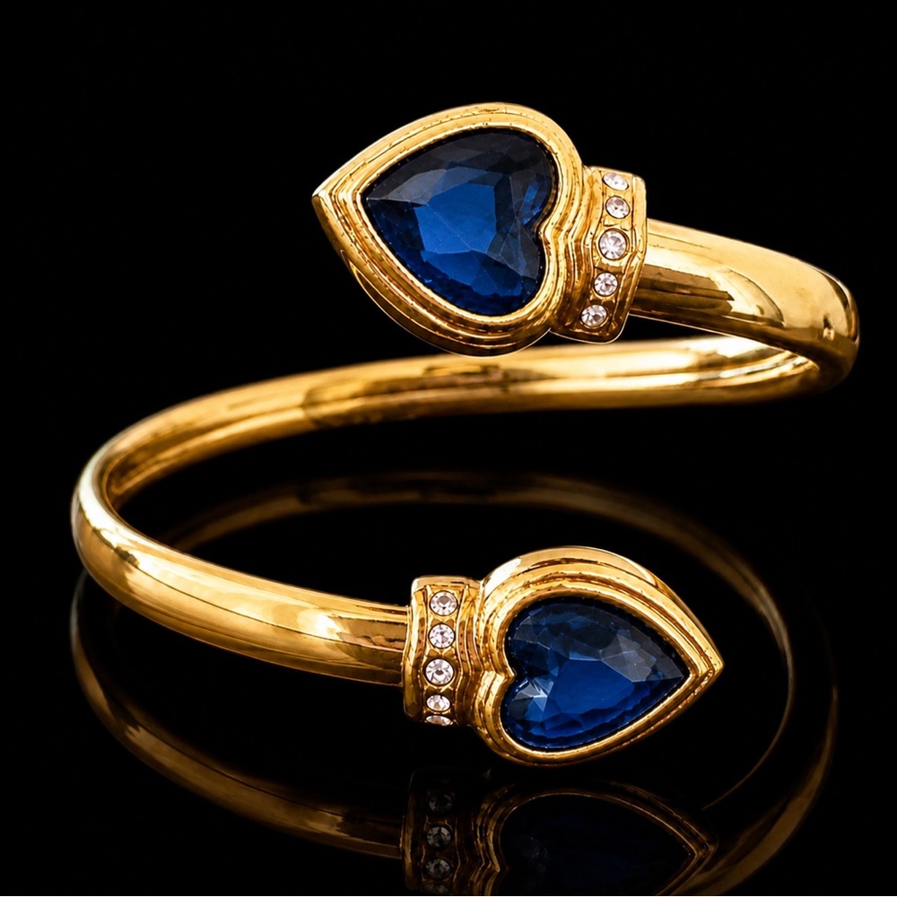 Vintage Gold Tone Blue Heart Wrap Cuff Bracelet Adjustable Open Bangle